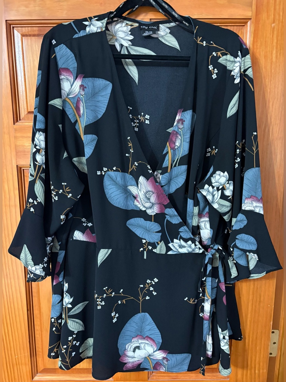 City Chic Floral Wrap Top in Black, Size 24W - Picture 2 of 8